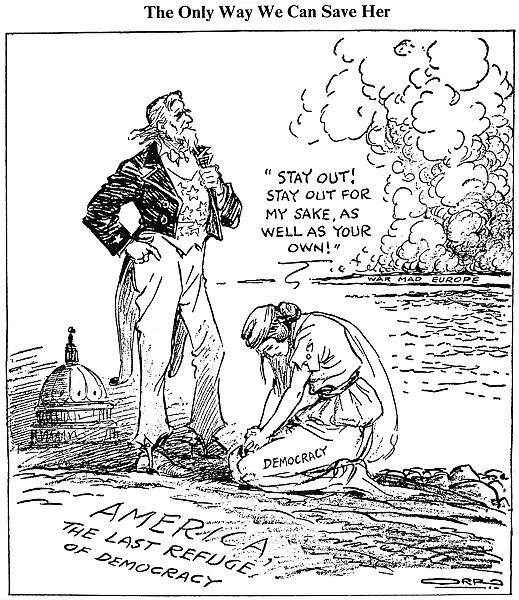 The Only Way We Can Save Her [Democracy]. American cartoon, 1939, by Carey Orr against U. S. intervention in European wars