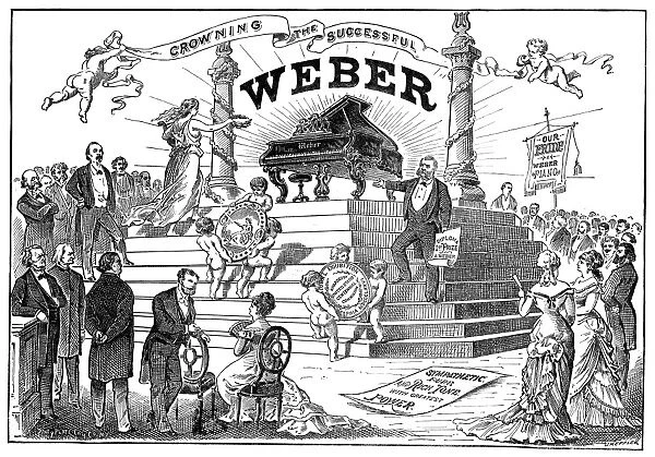 WEBER PIANO COMPANY, 1877. Crowning the Successful Weber. Engraving by Joseph Keppler