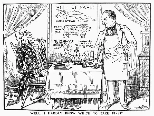 Well, I Hardly Know Which To Take First! American cartoon comment, c1900, on Uncle Sams seemingly insatiable imperialist appetite, as President William McKinley, at right, waits to take the order