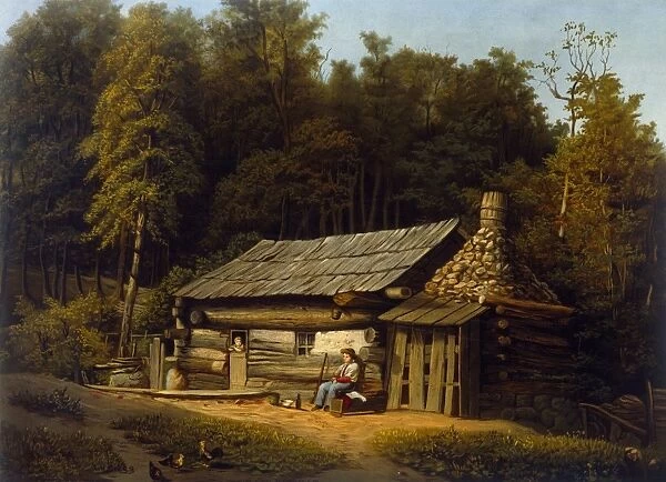 WEST: LOG CABIN, 1871. A log cabin on the Western frontier. American lithograph, 1871