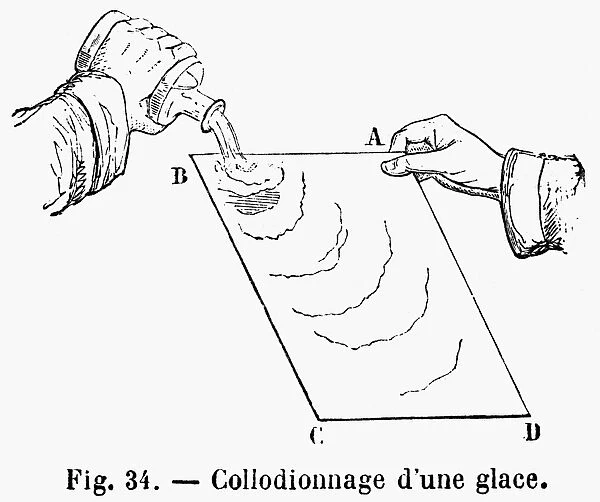 Wet plate process. Coating a glass plate with a collodion solution of halide. Wood engraving, French, 1876