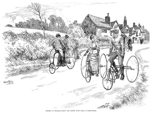 THREE WHEEL BICYCLES, 1887. Cycling in England - down the Ripley Road. Wood engraving, American, 1887, after Joseph Pennell
