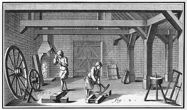 WHEELWRIGHT, 18th CENTURY. Interior of a wheelwrights shop. Line engraving, French