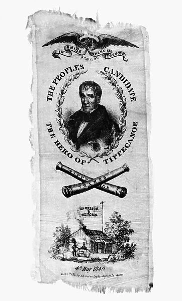 WHIG PARTY BANNER, 1840. Banner supporting Whig Party presidential candidates, William Henry Harrison and John Tyler, illustrating their slogans which were Tippecanoe and Tyler Too, as well as Log Cabin and Hard Cider, 1840