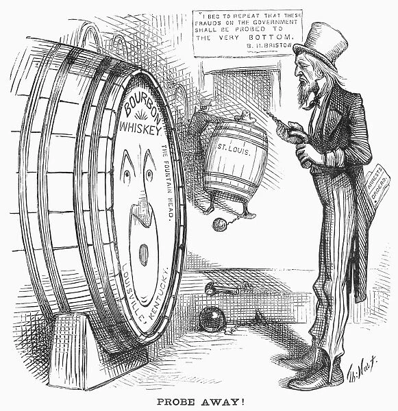 WHISKEY RING CARTOON, 1876. Probe Away! American cartoon by Thomas Nast, 1876, on the continuing investigation of members of the Whiskey Ring