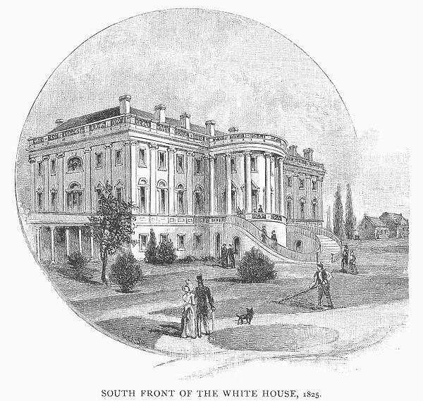 WHITE HOUSE, 1825. South side of the White House as it looked in 1825. Wood engraving, American, 1886