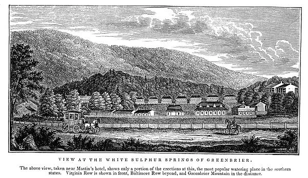 WHITE SULPHUR SPRINGS. View of White Sulphur Springs, West Virginia, with Greenbrier Mountain in the distance. Wood engraving, American, 1845