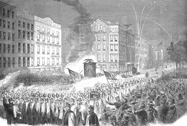A Wide Awake torch rally in support of Abraham Lincoln, the Republican presidential candidate, in New York, 3 October 1860. Wood engraving from a contemporary American newspaper