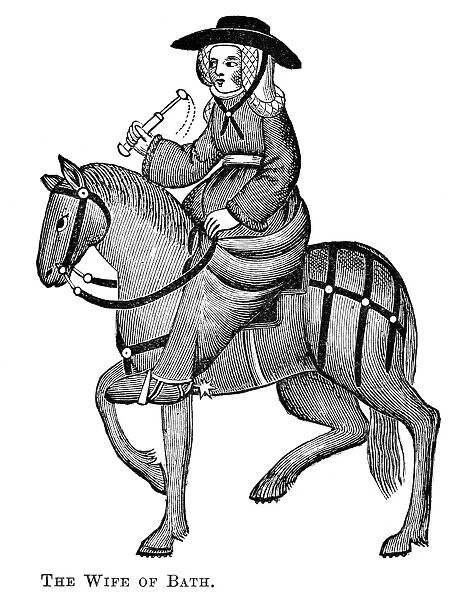 THE WIFE OF BATH. Line engraving after the llumination in the Ellesmere manuscript of the Canterbury Tales, by Geoffrey Chaucer (c1340-1400)