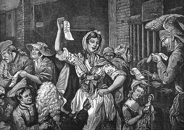 WILKES AND LIBERTY RIOTS. The City Chanters. A scene from the Wilkes and Liberty Riots, 1768. After an engraving, 1775, by S. Okey of a picture by John Collett