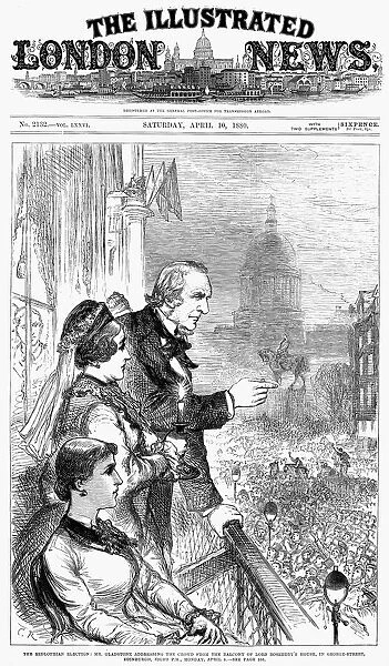 WILLAM EWART GLADSTONE (1809-1898). English statesman. Campaigning for the Liberal party in the General Election of 1880, William Gladstone addresses a crowd in Edinburgh, Scotland, 5 April 1880. Wood engraving from a contemporary English newspaper