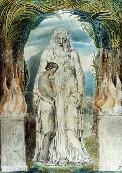 WILLIAM BLAKE: ADAM & EVE. Angel of the Divine Presence clothing Adam and Eve with coats of skin. Watercolor