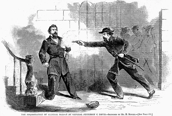 WILLIAM BULL NELSON (1824-1862). The Assassination of General Nelson by General Jefferson C. Davis, a fellow Union Army general, during an argument at the Galt House in Louisville, Kentucky, 1862. Wood engraving, American, 1862