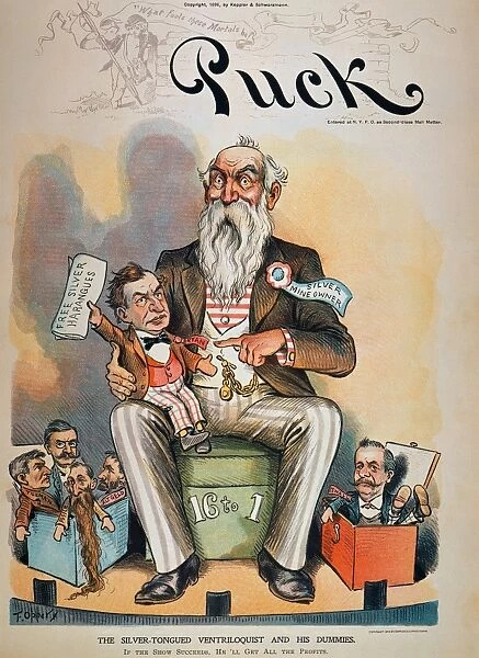WILLIAM JENNINGS BRYAN. American cartoon, 1896, by F. Opper of William Jennings Bryan as the foremost dummy of a ventriloquist in the person of a silver mine owner