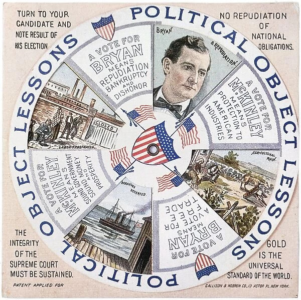 William Jennings Bryan, the Democratic party candidate for President in 1896, lambasted on a Republican placard with a movable wheel which voters could spin to divine the results of his election ( repudiation, bankruptcy and dishonor )