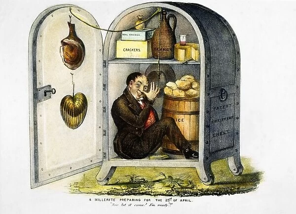 WILLIAM MILLER (1782-1849). American religious leader, seated in a well-stocked safe, awaits the end of the world on April 23, 1843: contemporary satirical lithograph