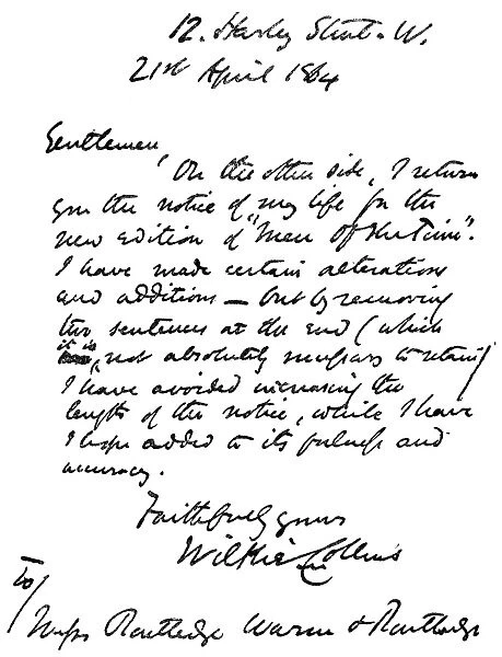 WILLIAM WILKIE COLLINS (1824-1889). English novelist. Autograph letter to the London publisher
