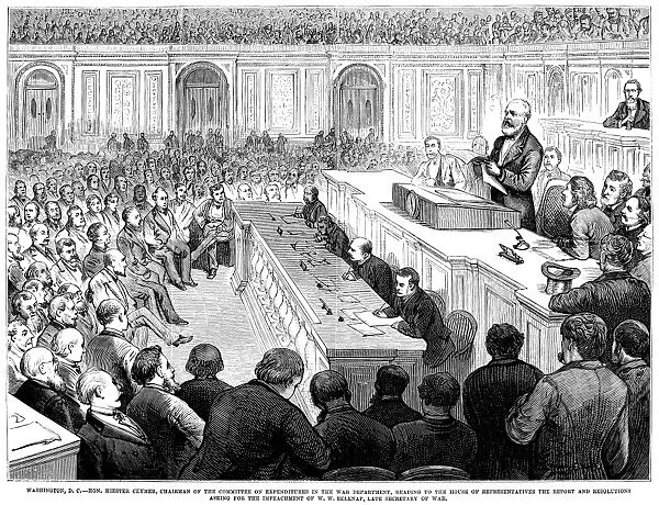 WILLIAM WORTH BELKNAP (1829-1890). American army officer and politician. The Committee on Expenditures reports in favor of impeaching former Secretary of War Belknap to the House of Representatives, 2 March 1876. Wood engraving from a contemporary newspaper account