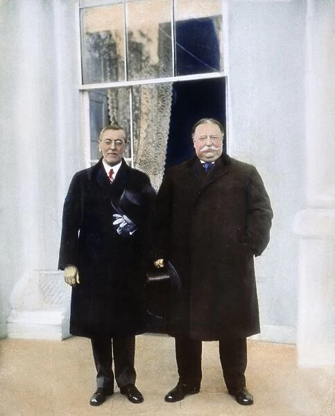 WILSON & TAFT: WHITE HOUSE. President-elect Woodrow Wilson (left) and outgoing President William Howard Taft at the White House, Washington, D. C. on Inauguration Day, 4 March 1913: oil over a photograph