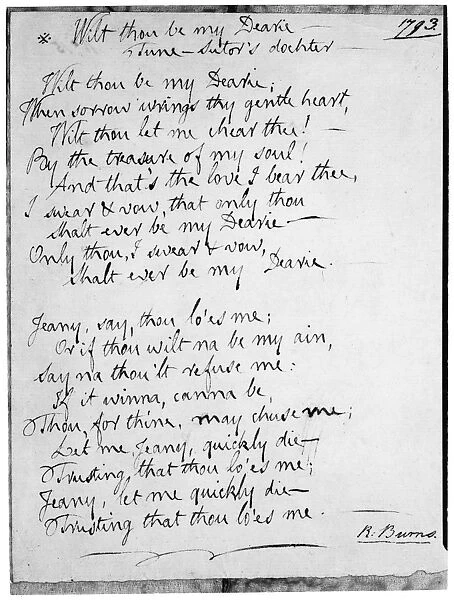 WILT THOU BE MY DEARIE. Manuscript page of the poem, Wilt Thou Be My Dearie, by Robert Burns