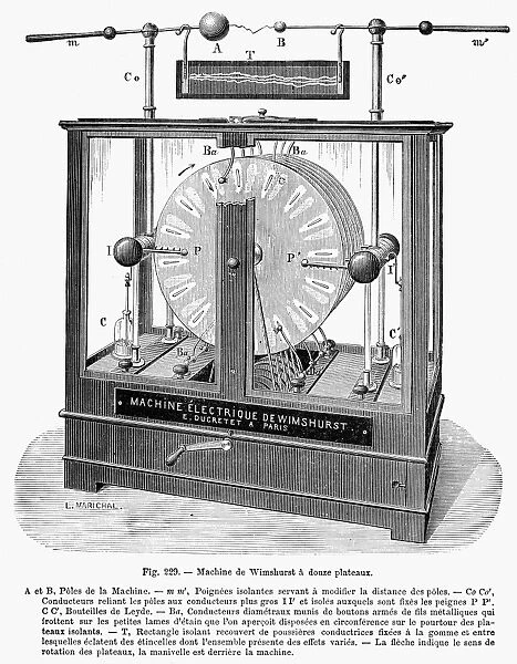 The Wimshurst machine, developed, 1880-1883, by British inventor James Wimshurst. Wood engraving, French, late 19th century