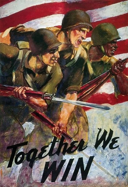 Together We Win : American World War II poster showing black and white soldiers fighting side by side