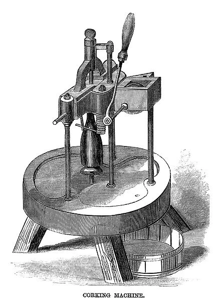 WINEMAKING: CORKING, 1866. Corking machine for sparkling wine, at the Longworth Winery in Ohio