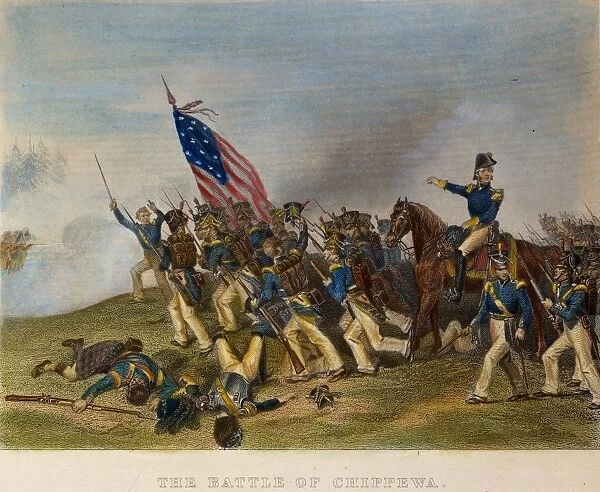 WINFIELD SCOTT: CHIPPEWA. Lt. Colonel Winfield Scott ordering the charge of McNeils battalion at the Battle of Chippewa, Canada, 5 July 1814: colored engraving, 19th century