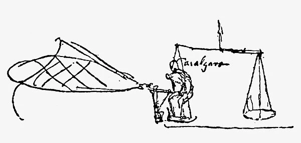 Wing-testing rig on scales, for an ornithopter wing. Drawing, c1485, by Leonardo da Vinci