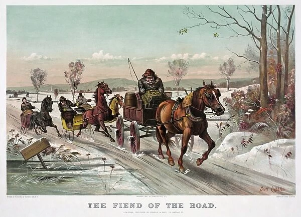 WINTER ROAD, c1881. The Fiend of the Road. Engraving by Scott Leighton for Currier & Ives