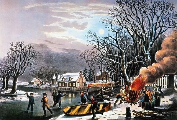WINTER SCENE: EVENING 1854. Lithograph, 1854, by Nathaniel Currier