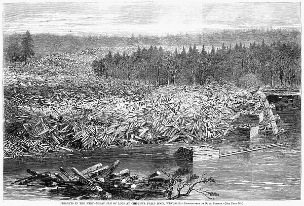 WISCONSIN: LUMBERING, 1869. Freshets in the West - Great Jam of Logs at Chippewa Falls Boom