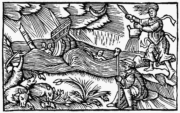 WITCH BREWING UP STORM. Woodcut from Olaus Magnus Historia de gentibus septentrionalibus