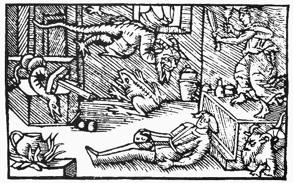 WITCH AND DEMONS, 1555. A witch conjuring up demons