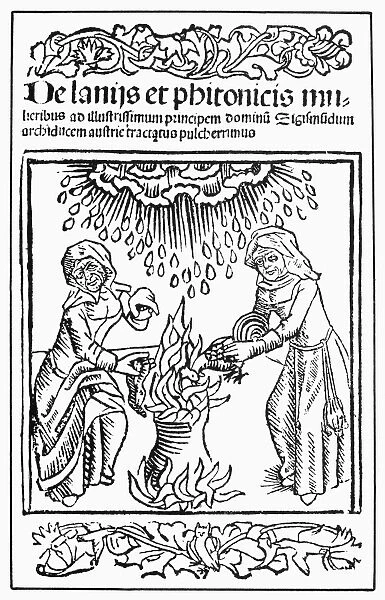WITCHES, 1489. Witches brewing up a hailstorm. Woodcut, German, 1489