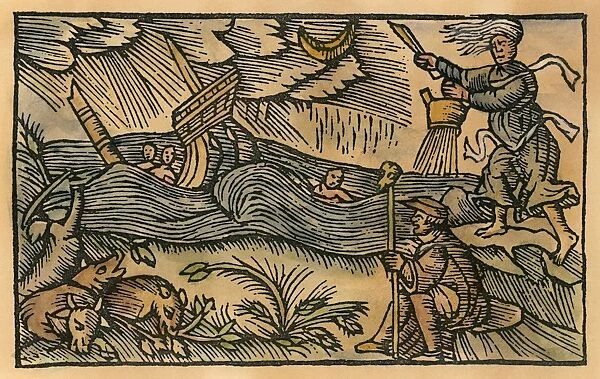 WITCHES BREWING UP STORM. Woodcut from Olaus Magnus Historia de gentibus septentrionalibus
