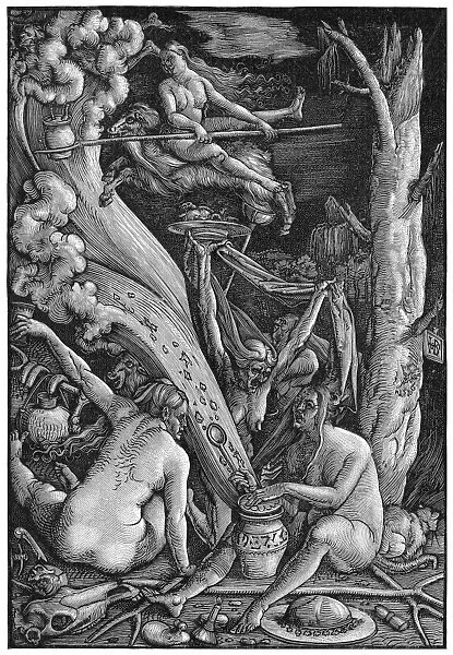 WITCHES SABBATH, 1514. Witches concocting an ointment to be used for flying to the Sabbath