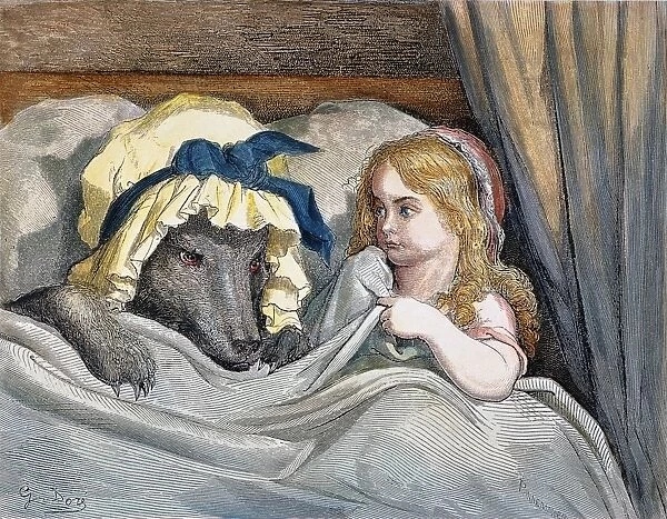 The Wolf and Little Red Riding Hood. Engraving from a c1860 edition of the Perrault fairy tale illustrated by Gustave Dor