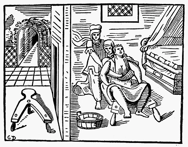 A woman giving birth with the aid of midwives and an obstetrical chair. Woodcut, 15th century