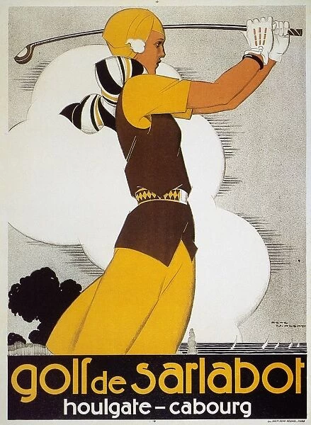 Woman golfer featured on a French tourist poster for the Brittany resort area, c1930, by Rene Vincent
