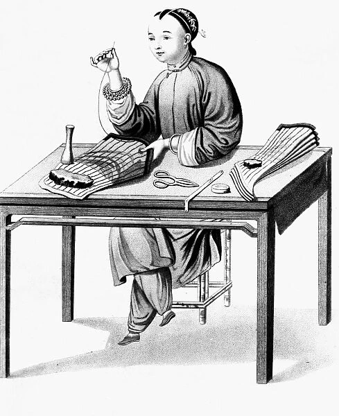 Woman sewing leggings. Lithograph, English, 19th century, after a Chinese drawing