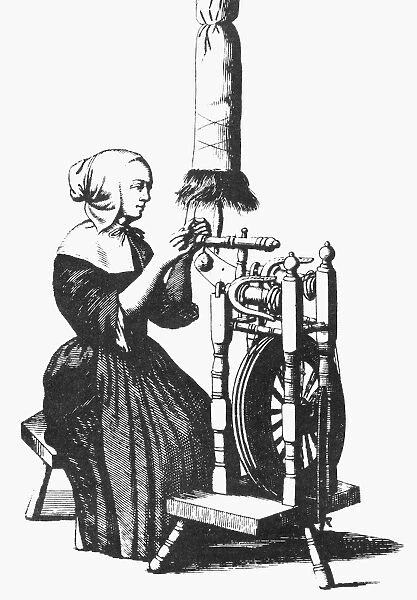 WOMAN SPINNING. Line engraving, 17th century