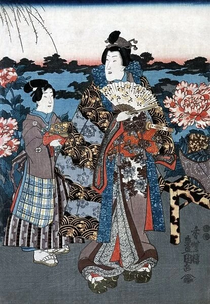 A woman of the upper class enjoying a garden with giant peonies outside a villa in Japan. Woodblock print by Utagawa Kunisada II, c1850