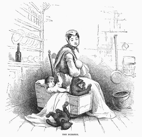 A woman and her young children visited by bear cubs in their log cabin home. Wood engraving, American, 1856
