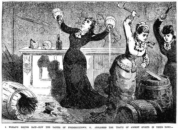 A womans liquor raid - How the ladies of Fredericktown, Ohio, abolished the trafic of ardent spirits in their town. Line engraving from the Police Gazette