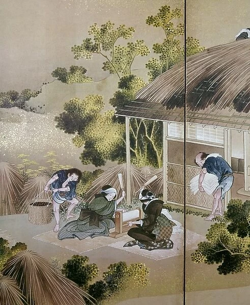 Women prepare cotton for spinning with a tool called a kituna; man at right carries a bundle of the refined cotton fiber. Drawing, late 18th century, by Katsushika Hokusai