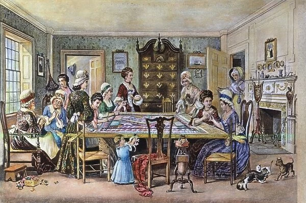Women at a quilting bee during the American Revolutionary War period. American lithograph, 1876