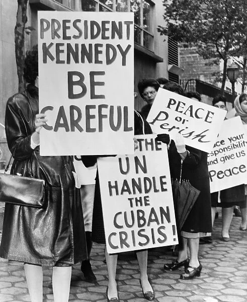 The Women Strike for Peace organization protesting the Cuban Missile Crisis outside of the United Nations in New York City. Photograph, 1962