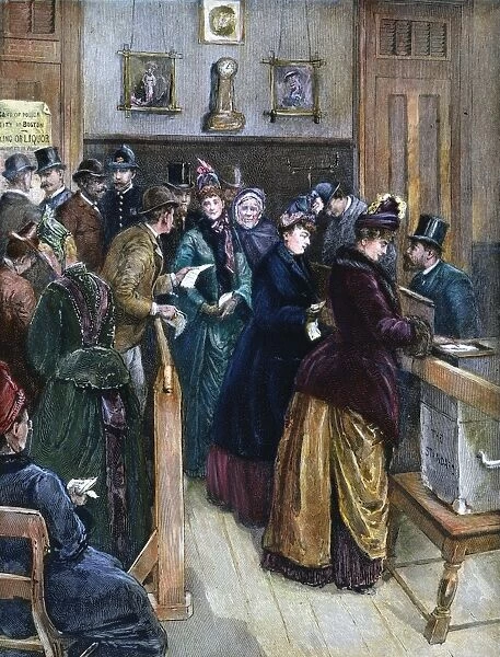 WOMEN VOTING, 1888. In the municipal election at Boston, Massachusetts, on 11 December 1888. Contemporary color engraving