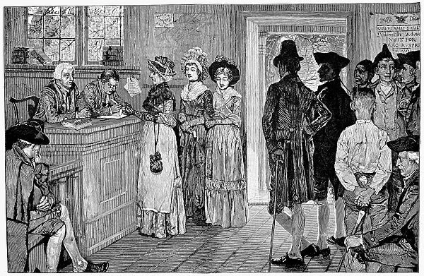 WOMEN VOTING, c1800. Women at the polls in New Jersey when they were permitted to vote between 1790 and 1807. Wood engraving after Howard Pyle (1853-1911)
